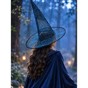 Blue Sheer Witch Hat Blue Glitter Spiderweb Halloween Costume Cosplay Whimsygoth